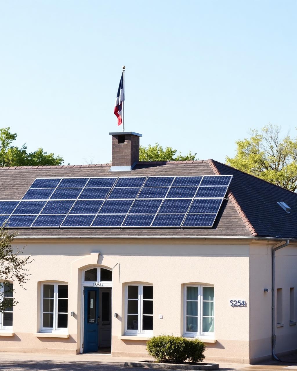 Bâtiment public français avec drapeau tricolore et toiture équipée de panneaux solaires