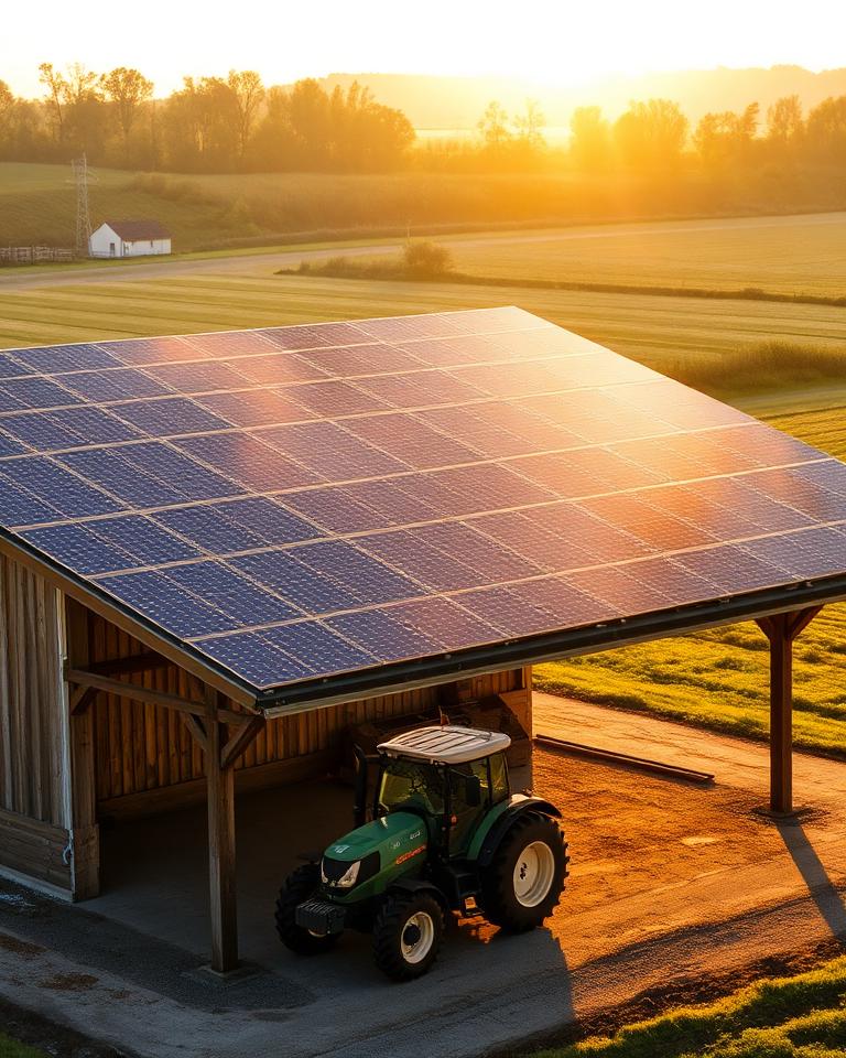 Hangar agricole français équipé de panneaux solaires en toiture, tracteur et champs au second plan